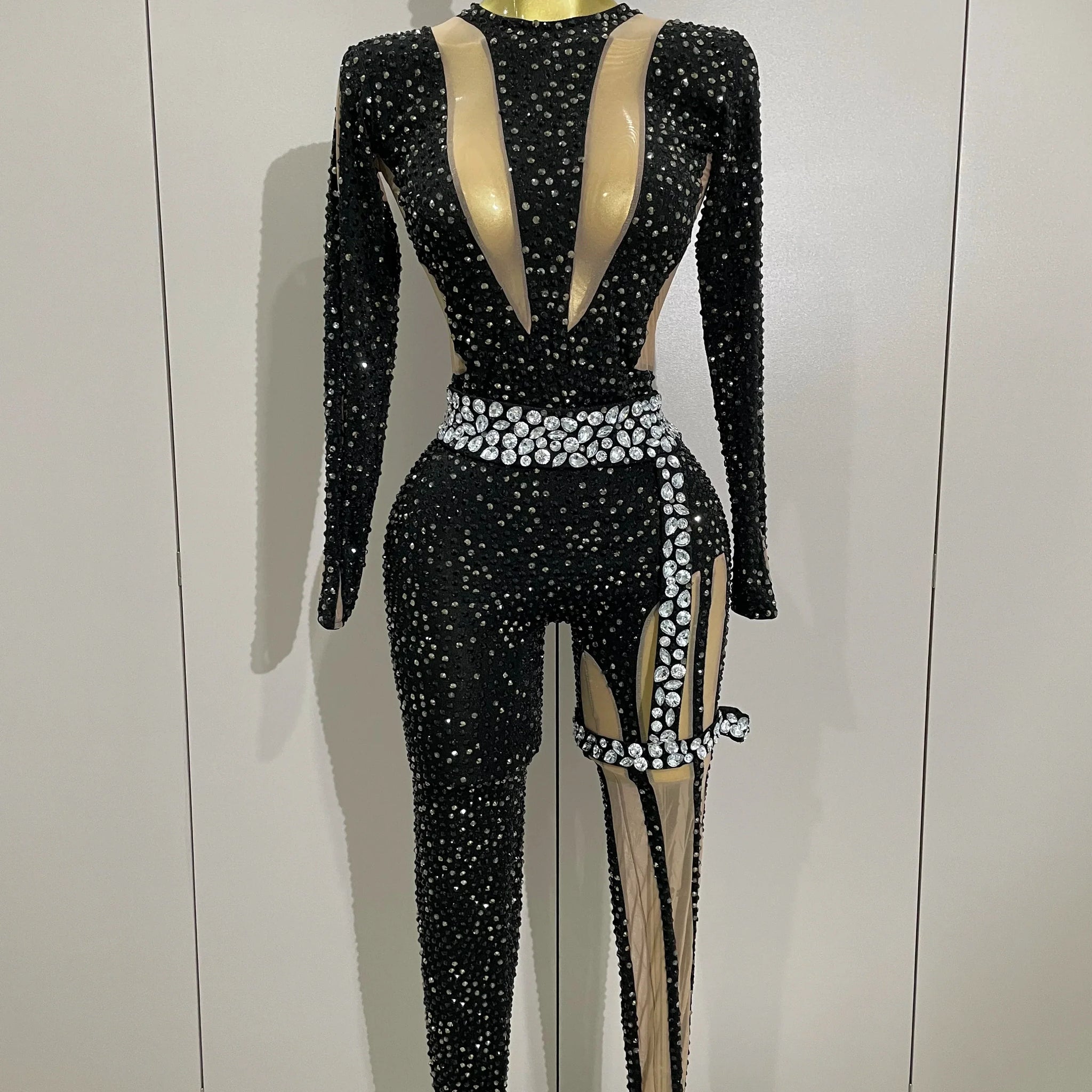 Sexy Sparkly Full Diamond Black Perspective Waist Cinching Asymmetrical Mesh Jumpsuit Birthday Party Nightclub Stage Costume black
