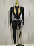 Sexy Sparkly Full Diamond Black Perspective Waist Cinching Asymmetrical Mesh Jumpsuit Birthday Party Nightclub Stage Costume black