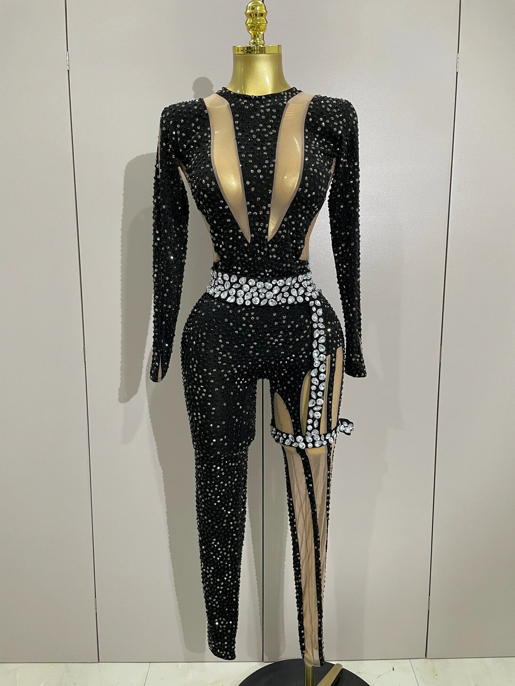 Sexy Sparkly Full Diamond Black Perspective Waist Cinching Asymmetrical Mesh Jumpsuit Birthday Party Nightclub Stage Costume black