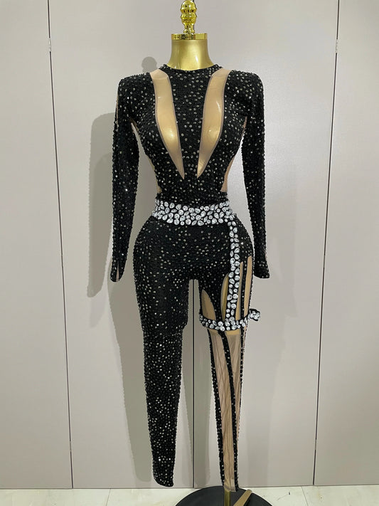 Sexy Sparkly Full Diamond Black Perspective Waist Cinching Asymmetrical Mesh Jumpsuit Birthday Party Nightclub Stage Costume black