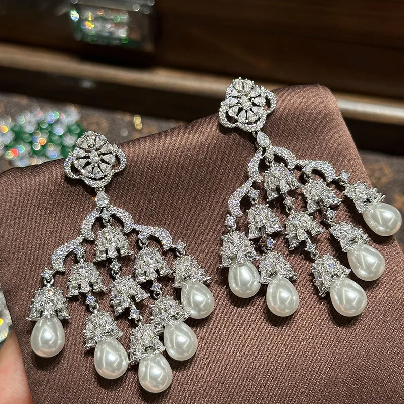 Pearl AAA Zircon Bridal Earrings Cubic Zirconia Wedding Earring For Brides Bridesmaids Accessories Women Prom Jewelry