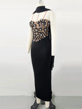 Elegant Women's Light Luxury Nail Bead Patchwork Bandage Dress+Scarf Strapless Sleeveless Bodycon Long Dress Party Vestidos