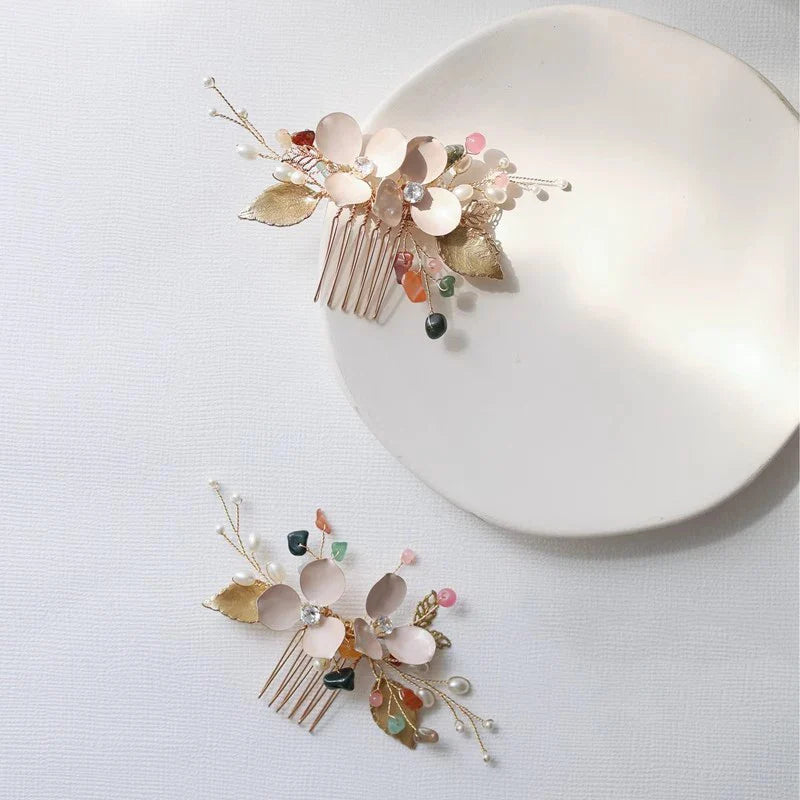 Wedding Accessories Flower Leaf Hair Comb Clip Pin Pearl Crystal Hairpin For Brides Women Gold Color Head Piece Bridal Jewelry b