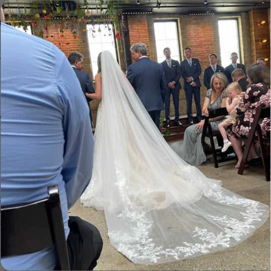 Cathedral Length Lace Applique Wedding Veil - Long Bridal Veil with Metal Comb for Brides