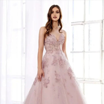 Amanda Princess Light Pink Lace Embroidered A-line Spaghetti Strap Evening Dress Sleeveless Formal Party Prom Pink