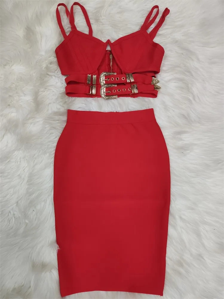 3 Colors Women Sexy Tops Skirts Set Rayon Bandage Fashion Nightclub Party Wear Women's Set High Quality