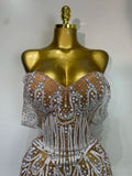 Shining Diamond Sexy Off Shoulde See-Through Mini Dress Women Evening Birthday Party Nightclub Dancer Performance Stage Costume