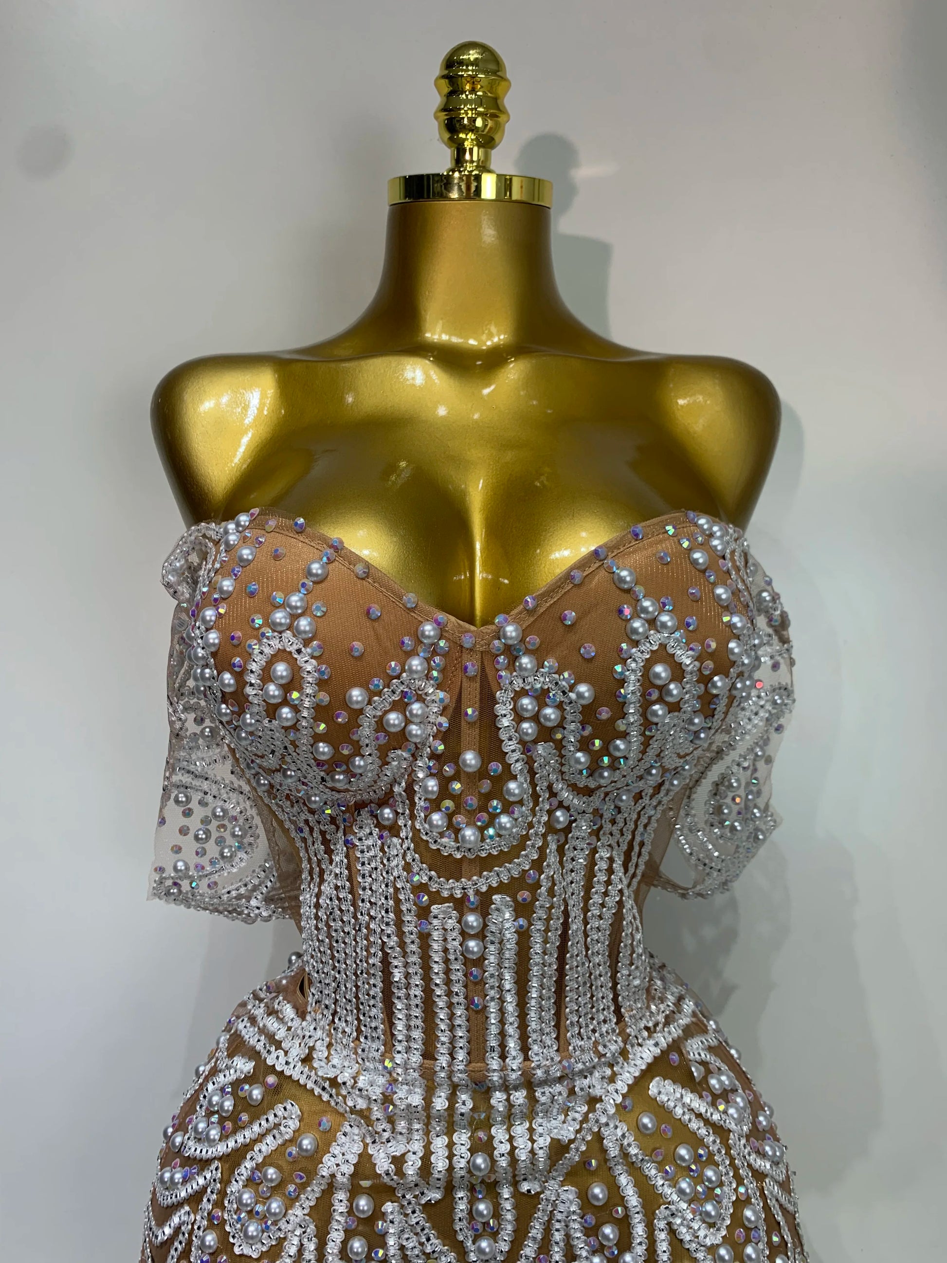 Shining Diamond Sexy Off Shoulde See-Through Mini Dress Women Evening Birthday Party Nightclub Dancer Performance Stage Costume