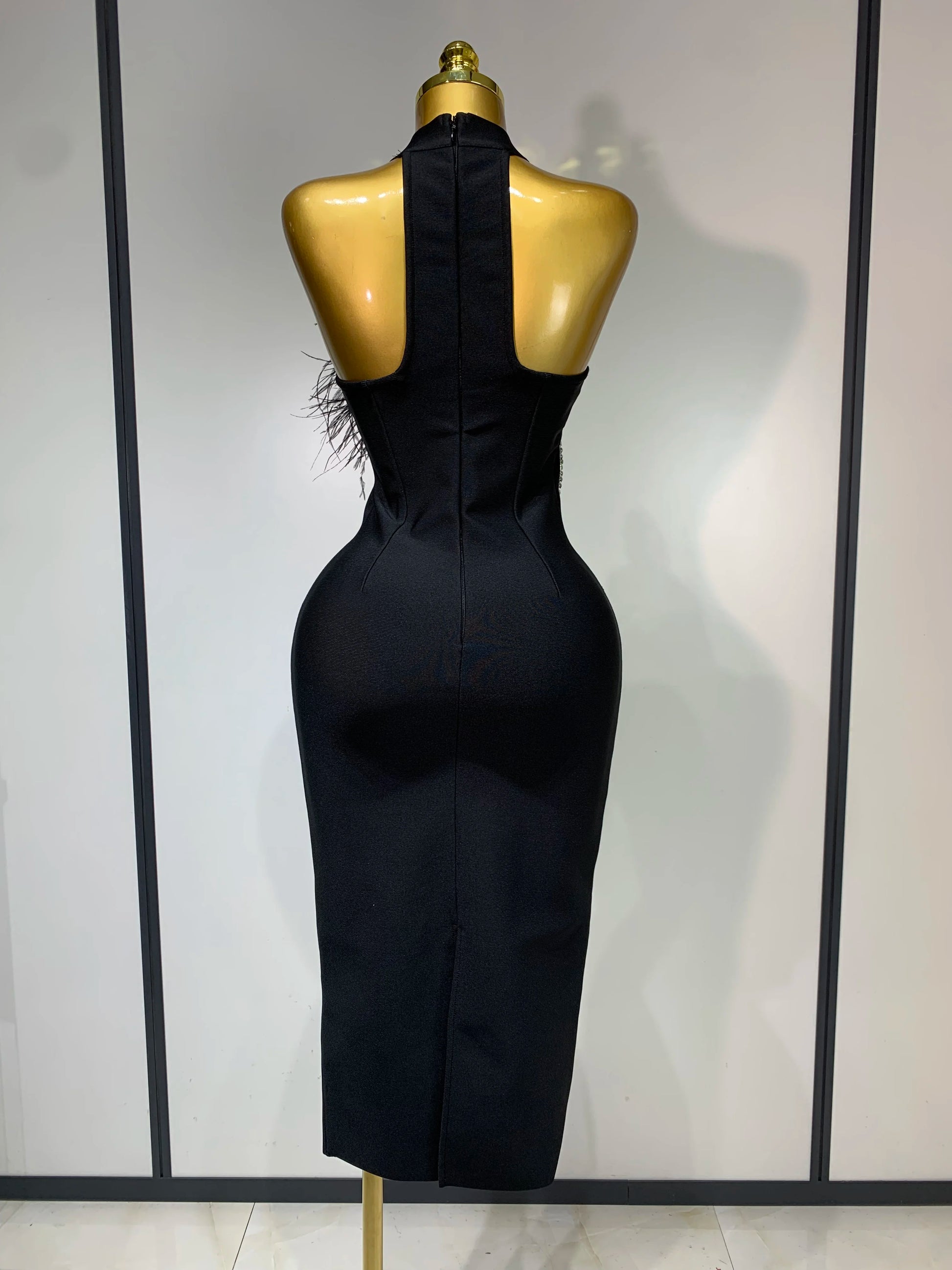 Women Luxury Diamonds Feather Black Bodycon Bandage Dress 2025 Celebrity Elegant Evening Party Birthday Nightclub Dresses