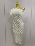Shinning White Feathers Sequins Straples Bodycon Dress Women Fashion Celebrate Luxury Birthday Party Cocktail Dress