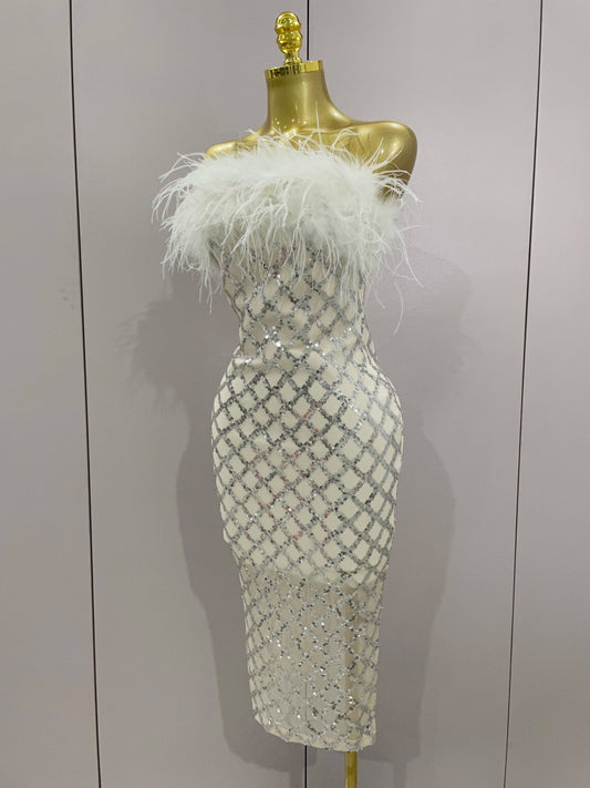 Shinning White Feathers Sequins Straples Bodycon Dress Women Fashion Celebrate Luxury Birthday Party Cocktail Dress
