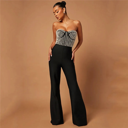 Top Quality Women Sexy Strapless Shinning Pearl Beading Bodycon Long Bandage Jumpsuit Celebrate Evening Party Birthday Wear black CHINA