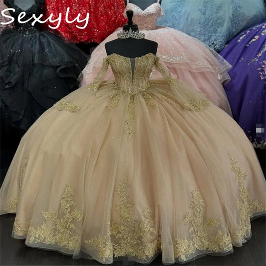 Princess Gold Quinceanera Dresses Off Shoulder Puffy Tulle Lace Princess Vestio De 15 Anos Xv Charro Birthday Customized