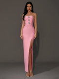 2024 Sexy Women'S Light Luxury Rhinestone Bandage Dress Strapless Sleeveless Bodycon Split Length Dress Christmas Party Vestidos