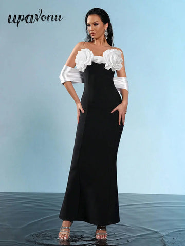 Sexy Women'S Three-Dimensional Flower Design Bandage Dress Strapless Shoulder Strap Sleeve Bodycon Backless Long Dresses