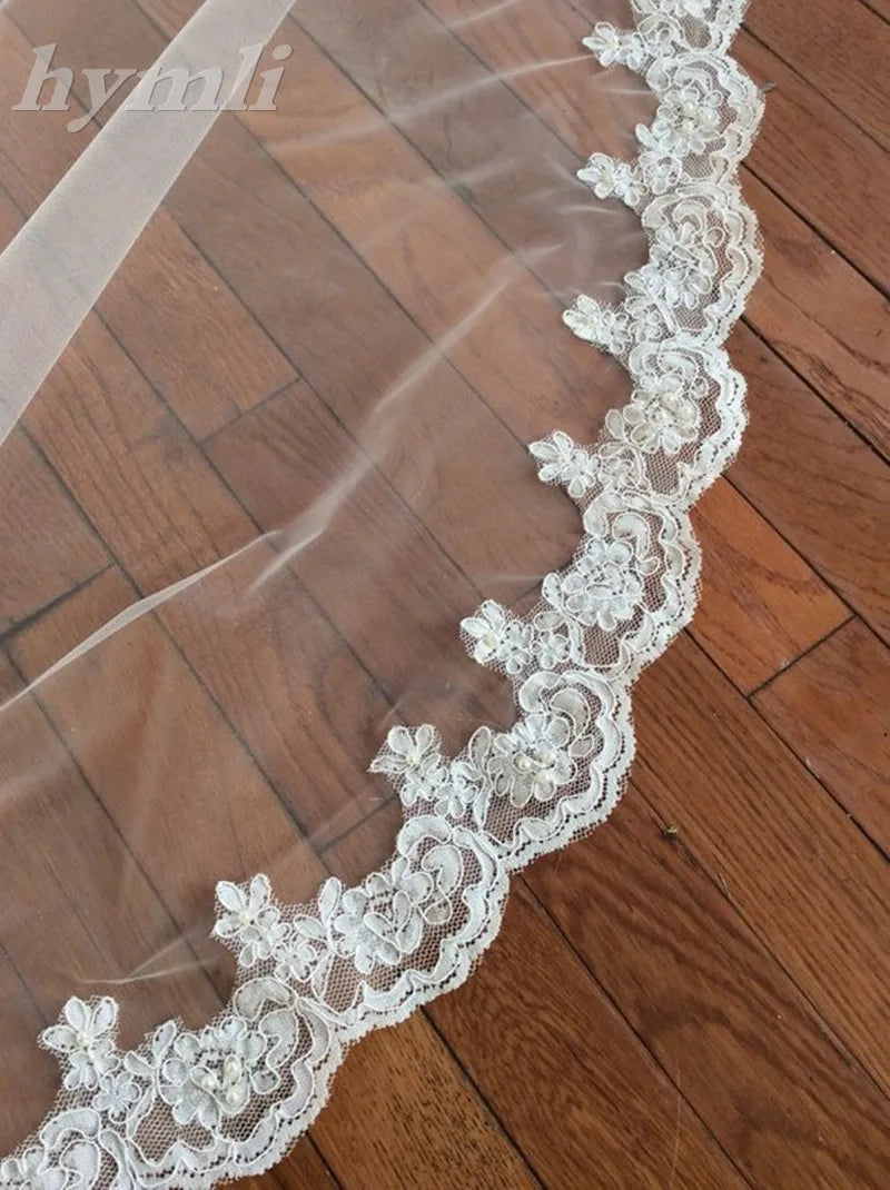 Pearl Wedding Accessories , Lace Bridal Veil , 2 Layer 70cm / 230cm Chapel Length Veil