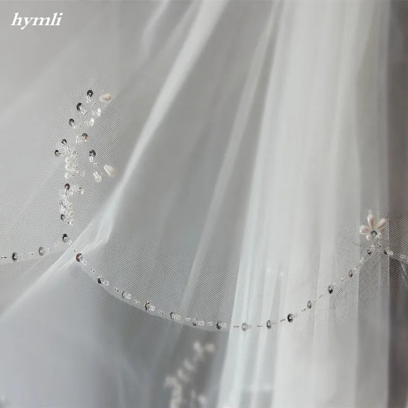 Two-Tier Hand-Beaded Scalloped Edge Bridal Veil with Metal Comb: A Symphony of Craftsmanship and Bridal Splendor