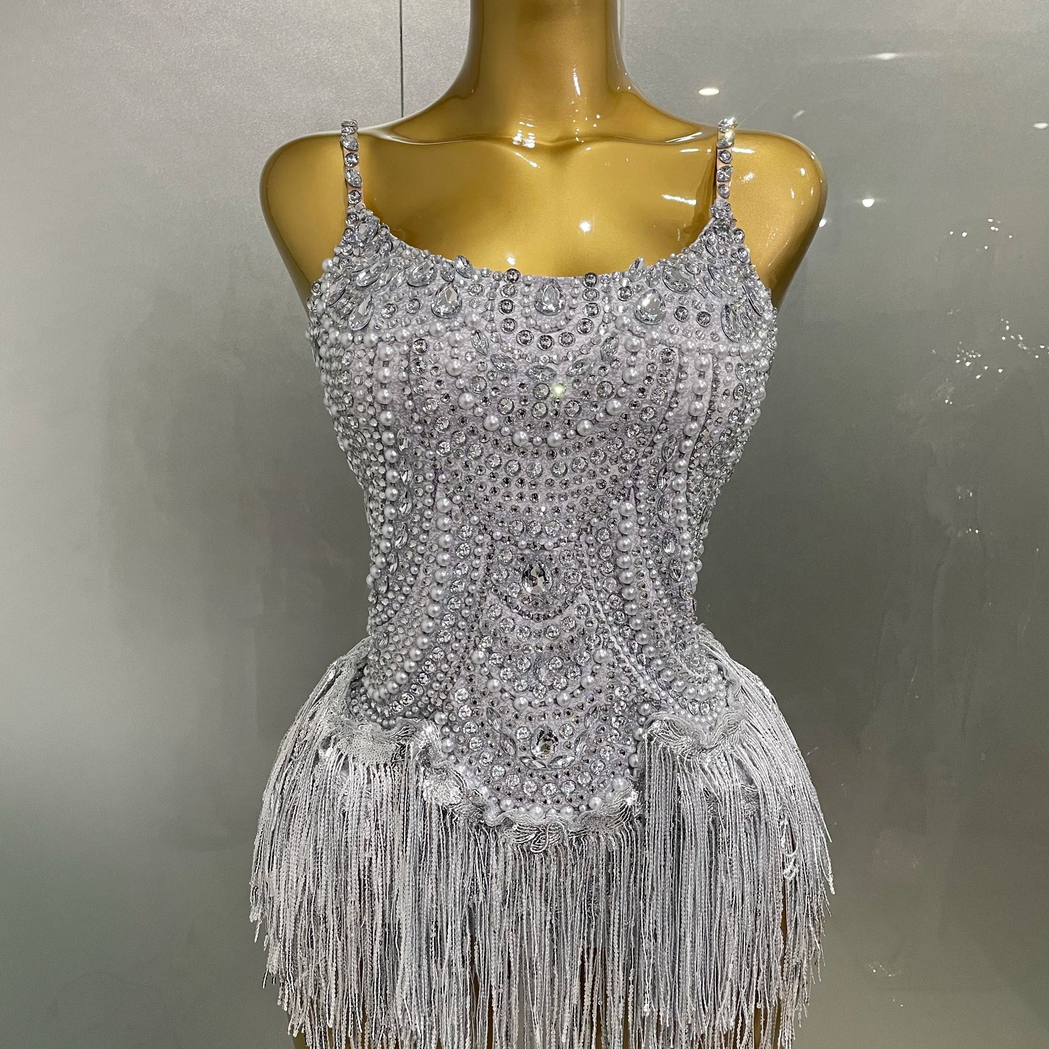 Sparkly Silver Rhinestones Pearl Tassels Bodysuit Women Sexy Eveing Birthday Party Nightclub Stage Performance Costume Silver