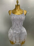 Sparkly Silver Rhinestones Pearl Tassels Bodysuit Women Sexy Eveing Birthday Party Nightclub Stage Performance Costume Silver