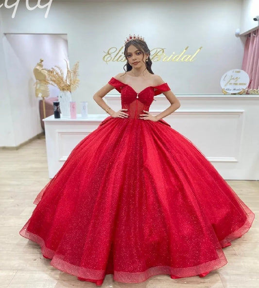 Princess Red Quinceanera Dresses Off Shoulders Corset Shiny Vestidos De 15 Años Quinceañera With Bow Birthday Party Customized