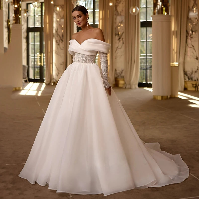 A-Line Wedding Dresses Off The Shoulder Long Sleeves Long Bridal Dress Elegant Wedding Prom Ball Gowns Customized