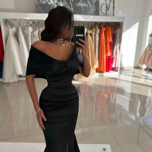 Black Simple Evening Dresses For Women Wedding Party Side Slit Prom Gowns Satin Formal Occasion Dress Robe De Soirée