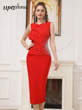 Elegant Women's Light Luxury Pearl Design Red Bandage Dress O-Neck Sleeveless Bodycon and Knee Dress Dinner Party Vestidos
