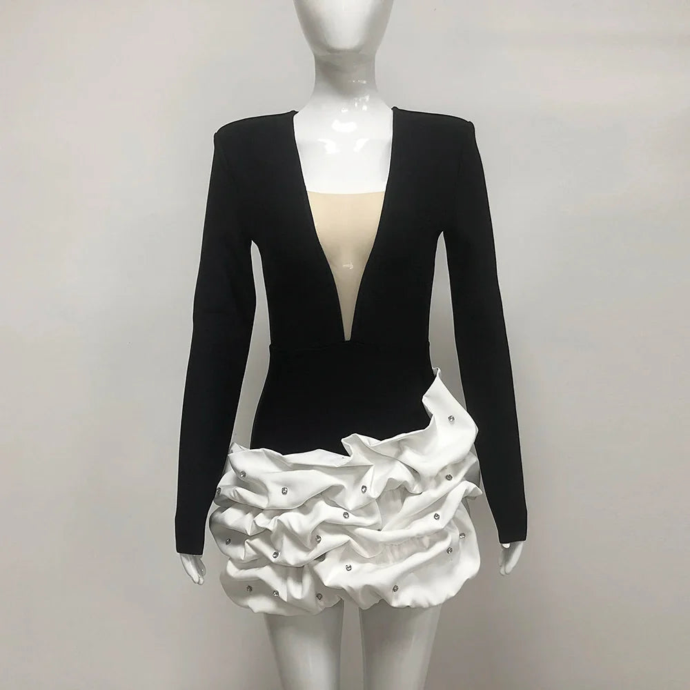 High Quality Black Color Women Long Sleeve Sexy V-Neck Bodycon Mini Bandage Dress Celebrate Evening Party Birthday Dress