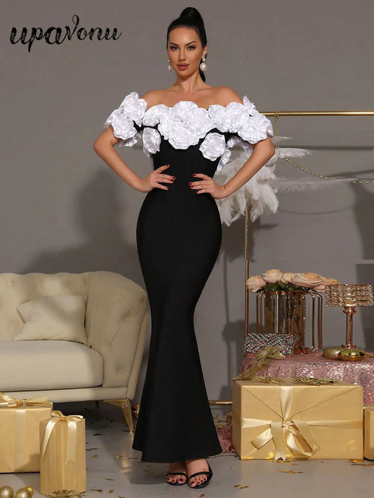 Elegant Women Light Luxury Flower Design Bandage Dress with One Collar Shoulders Bodycon Banquet President's Dress Vestidos