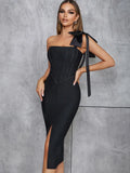2024 Sexy Women's Bandage Dress One Shoulder Bow Strap Sleeveless Bodycon Bareback Split Dress Cocktail Evening Party Vestidos black