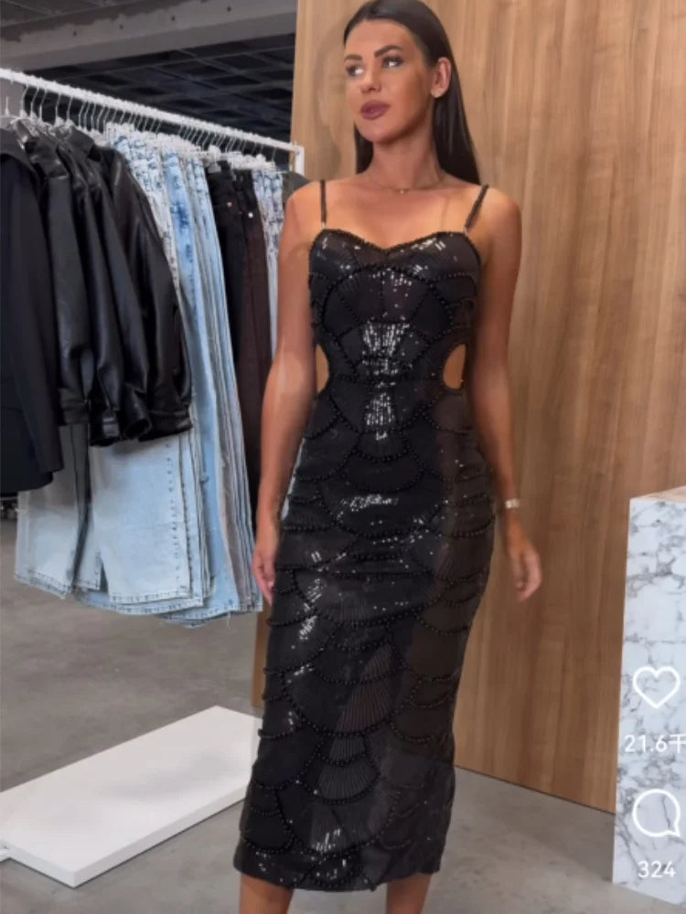 Red Black Color Women Sleeveless Sexy Beading Shinning Sequins Bodycon Long Dress Christmas Style Evening Party Cocktail Dress black