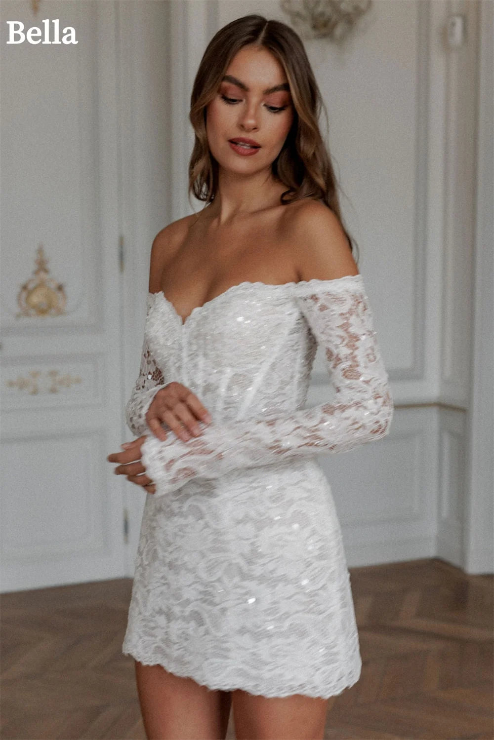 Bella White Mini Prom Dresses Off the Shoulder Lace Appliques Wedding Dress Elegant Lace-up Back Vestidos De Fiesta 2024