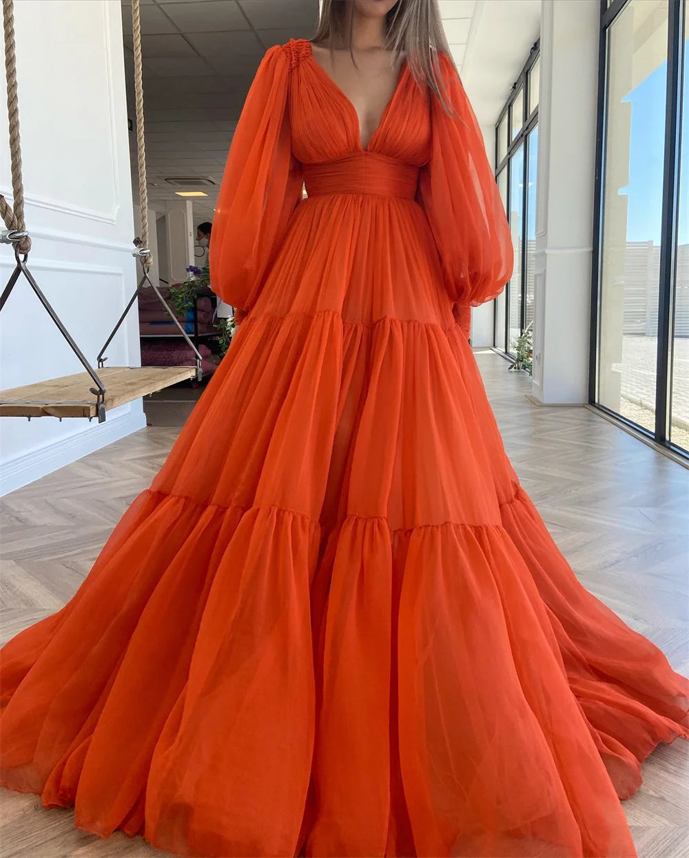 Orange Chiffon robes de soirée V-neck A-line Prom Dresses Elegant Long Puffy Sleeves Floor-length Wedding Dress