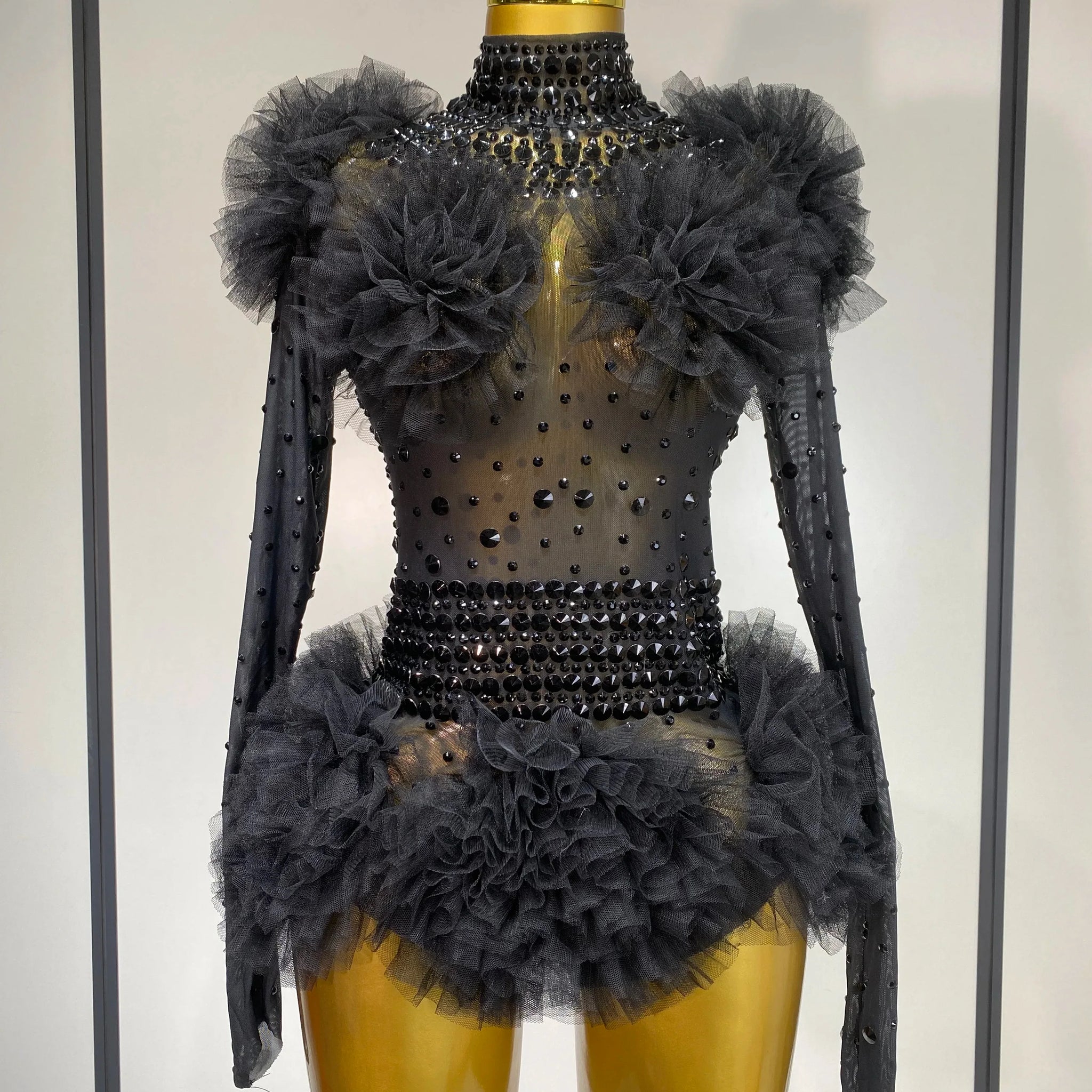 Sexy See Through Luxury Rhinestone Bodysuit Women Sexy Bodycon Mesh Ruffles Performance Dance Singer Nightclub Stage Outfit black