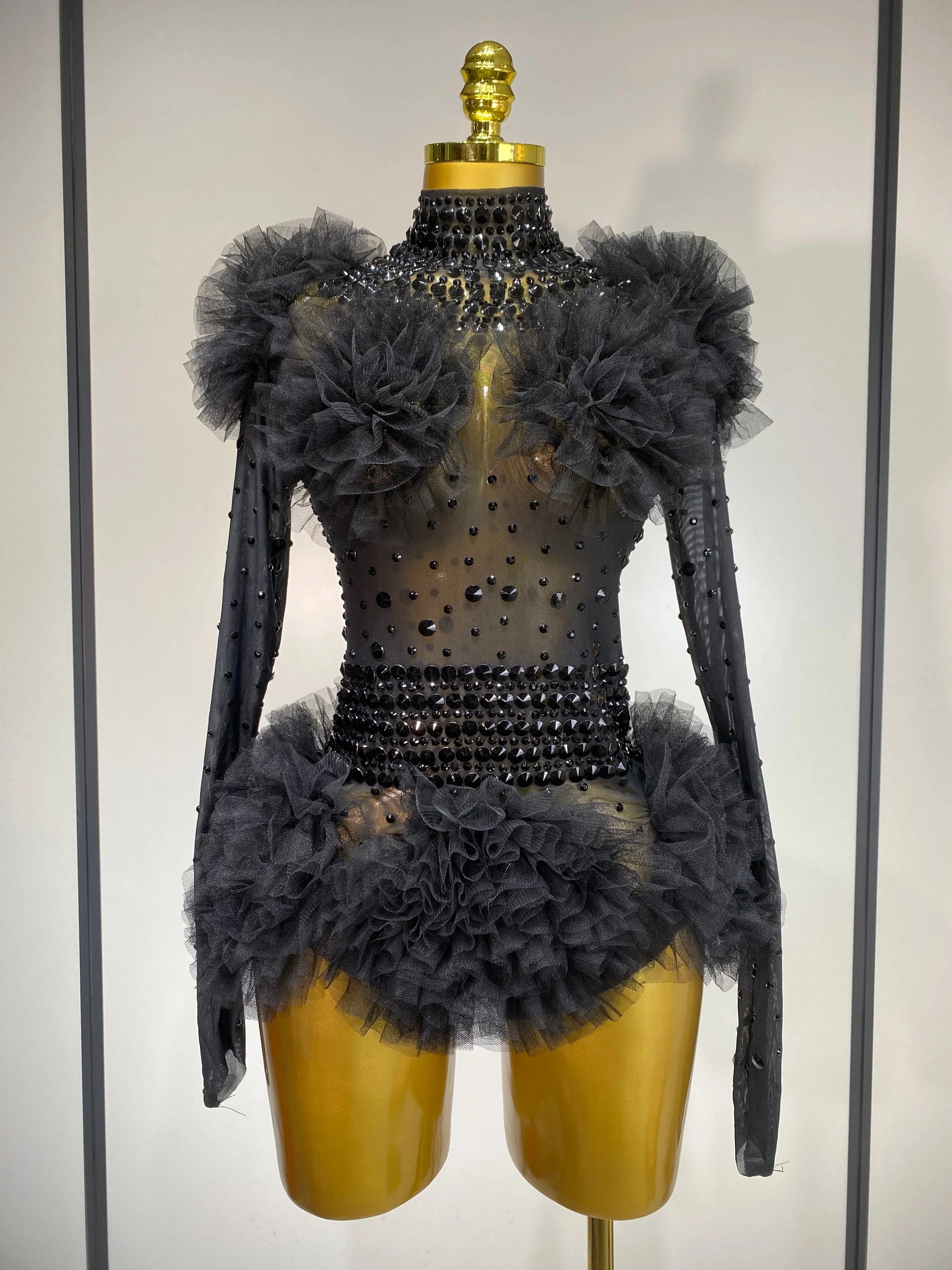Sexy See Through Rhinestone Bodysuit Women Sexy Tight Mesh Ruffles Performance Dancer Singer Costume Nightclub Stage Outfit black