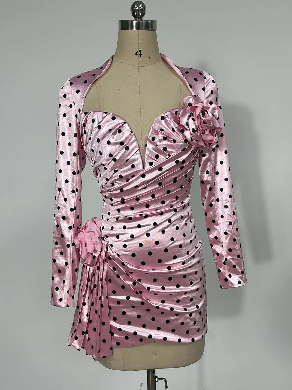 Sexy Women'S Three-Dimensional Flower Patchwork Polka Dot Dress V-Neck Long Sleeved Draped Bodycon Pink Mini Dress Vestidos Pink