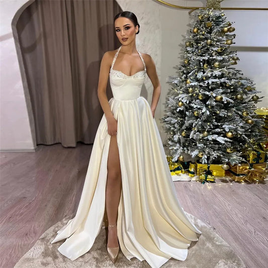 Elegant Ivory A-Line Prom Dress Spaghetti Strap Ruched High Slit Floor Length Princess Evening Dress vestido de gala Ivory