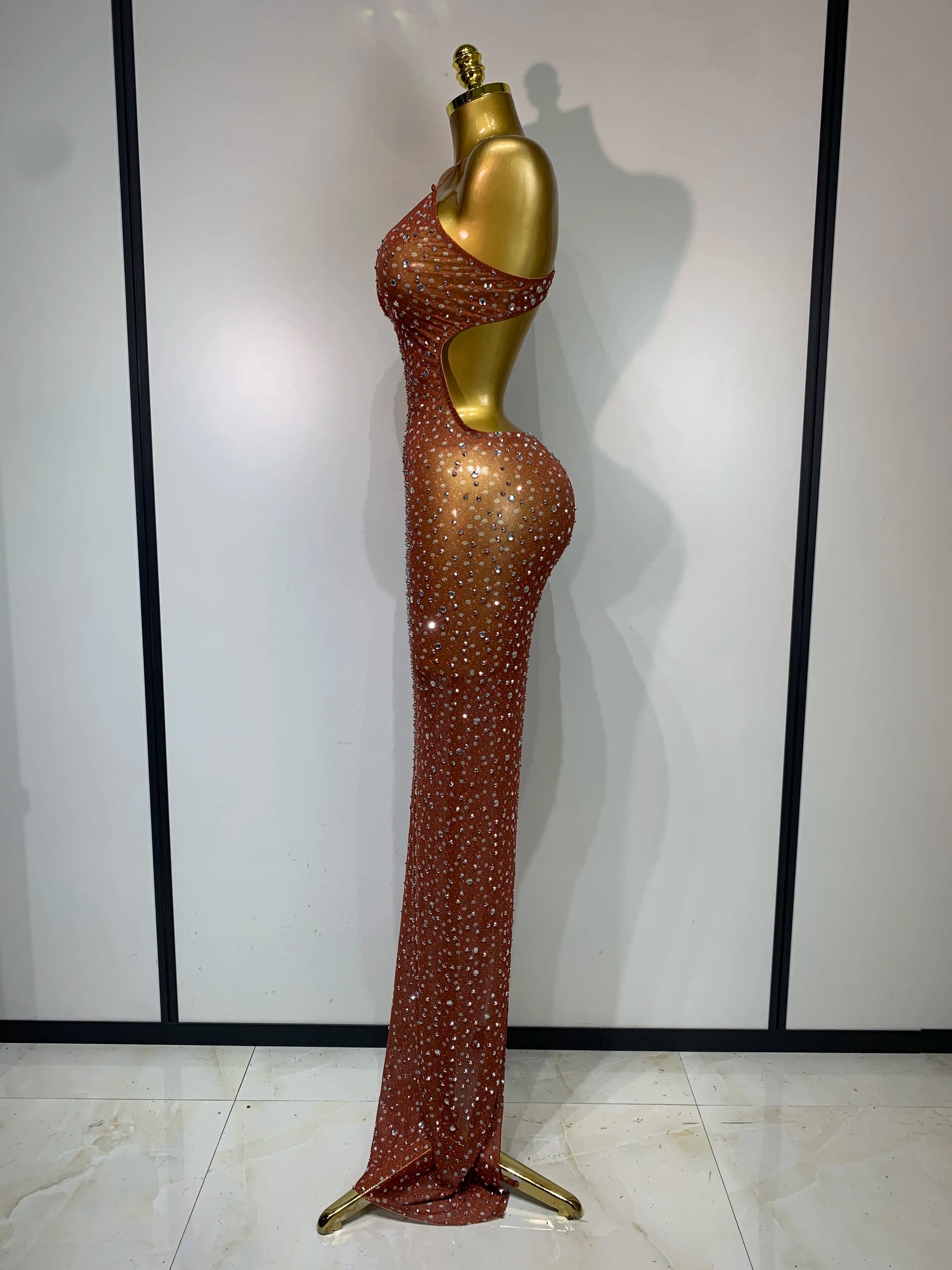 Women Sexy Backless Rhinestones Mesh Stretch See Through Maxi Dress Luxury Birthday Performance Singer Stage Costume Vestido