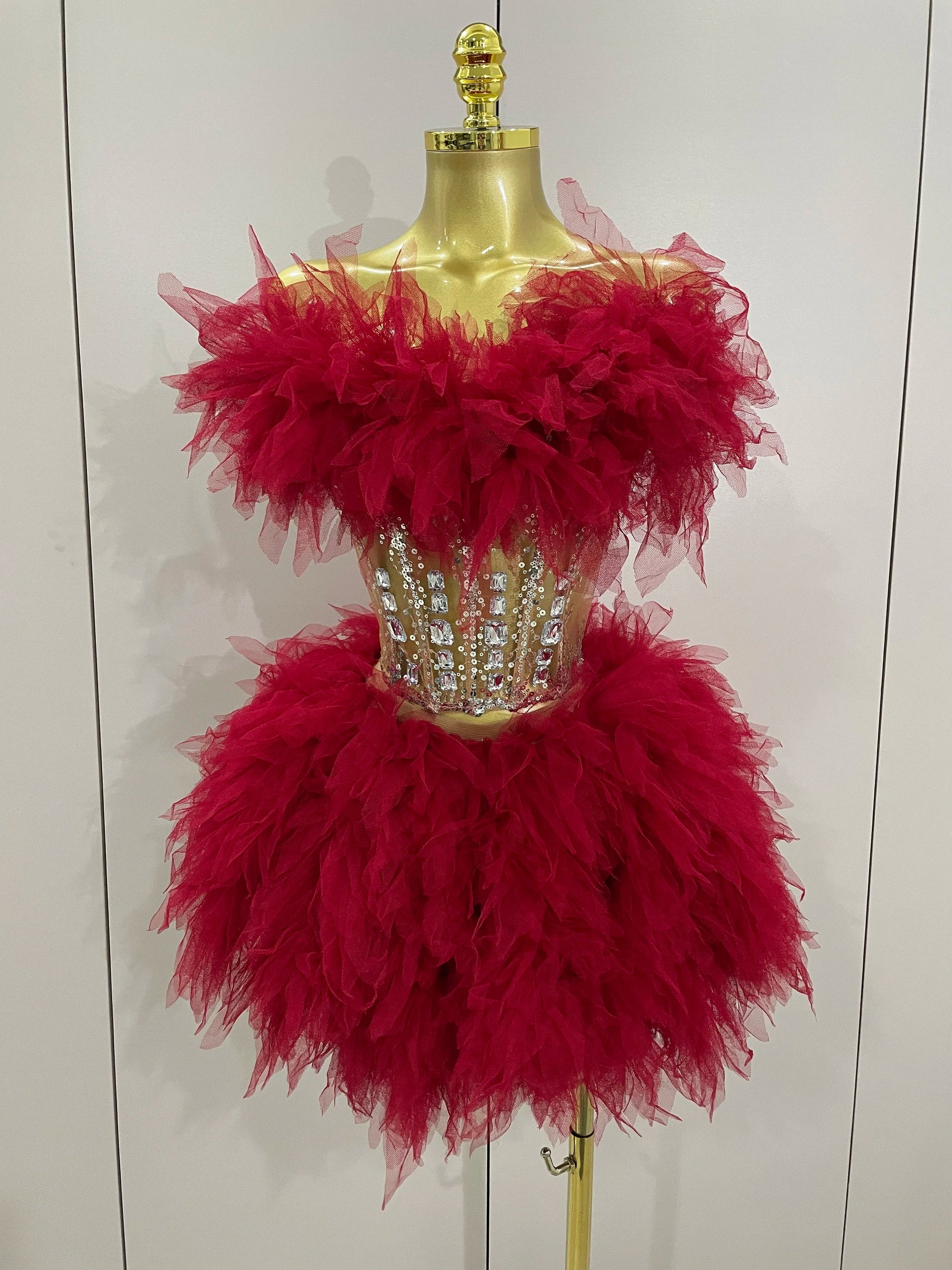 Women Sexy Backless Strap Mesh Fluffy Skirt 2 Pieces Diamond Sequins Stage Performance Costume Birthday Party Shooting Dress Red