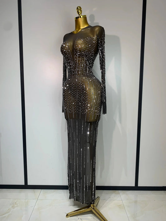 Women Sexy Long Sleeve Mesh See Through Dress Elegant Evening Party Luxury Birthday Club Rhinestone Performance Costume