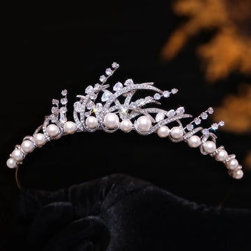 Rhinestones Zircon Tiaras and Crowns Pearl Zirconia Headband For Brides Women Diadem Bridal Jewelry Wedding Hair Accessories a
