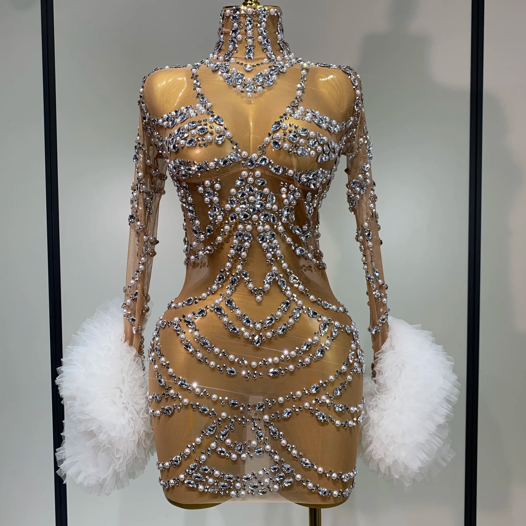 Luxury Sparkly Diamonds Pearl Mesh Mini Dress Women Celebrate Evening Party Birthday Fancy Club Sexy Bodycon Singer Stage Outfit Khaki