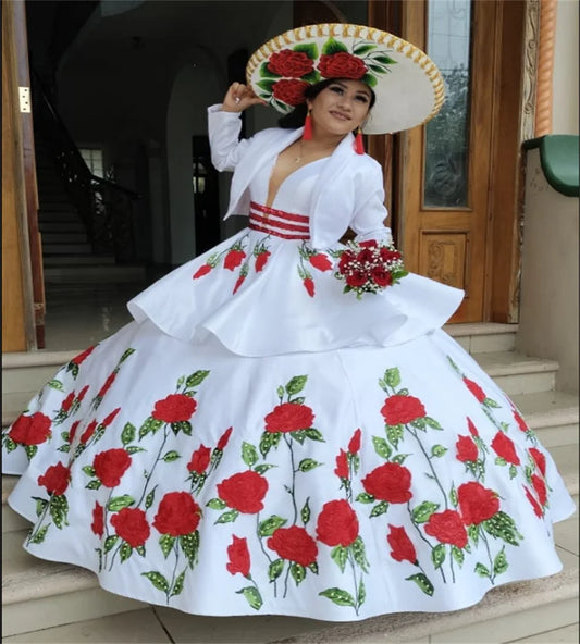 Customized Mexican Charro Quinceanera Dress With Jacket Two Pieces Short Vestio De 15 Año Para Xv Embroidery 2 in 1 Birthday WHITE