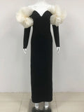2024 Sexy Women Long Bandage Dress Fashionable Off Shoulder Chiffon Patchwork Long Sleeved Bodycon Backless Dress Party Vestidos black