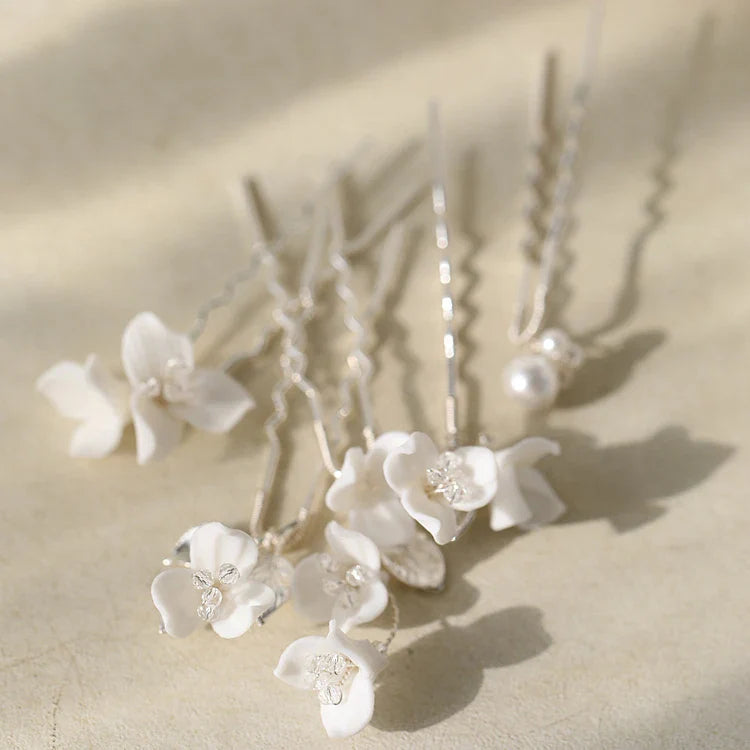 Wedding Accessories Porcelain Flower Hair Pin Clip Silver Color Head Piece For Brides Women Bridesmaids Hairpin Bridal Jewelry a