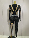 Sexy Sparkly Full Diamond Black Perspective Waist Cinching Asymmetrical Mesh Jumpsuit Birthday Party Nightclub Stage Costume