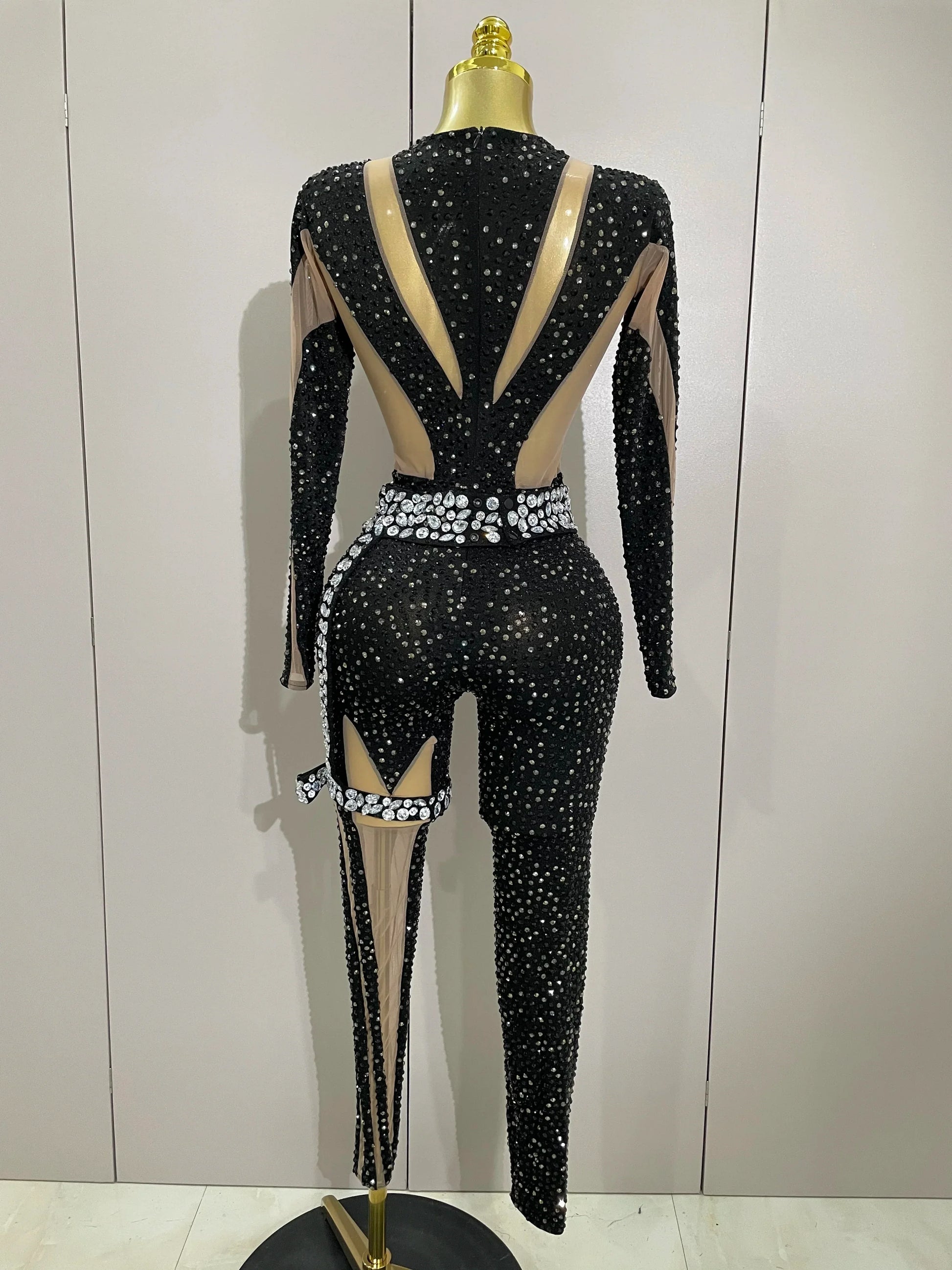 Sexy Sparkly Full Diamond Black Perspective Waist Cinching Asymmetrical Mesh Jumpsuit Birthday Party Nightclub Stage Costume