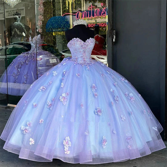 Glittering Lilac Quinceanera Dresses Floral Appliques with Bow Vestidos De 15 Anos Long Puffy Sleeves Party Prom