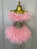Women Sexy Backless Strap Mesh Fluffy Skirt 2 Pieces Diamond Sequins Stage Performance Costume Birthday Party Shooting Dress Pink