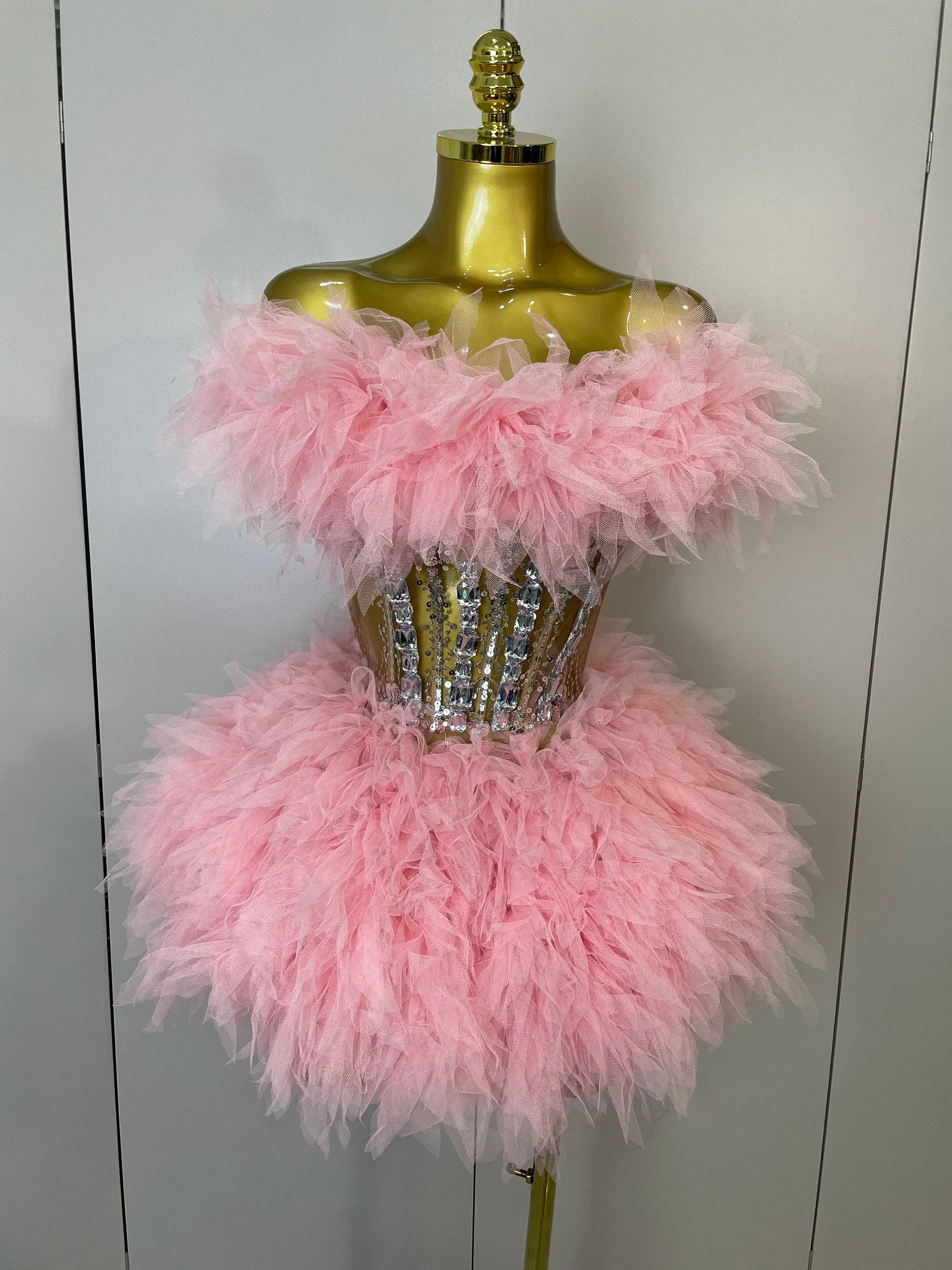 Women Sexy Backless Strap Mesh Fluffy Skirt 2 Pieces Diamond Sequins Stage Performance Costume Birthday Party Shooting Dress Pink